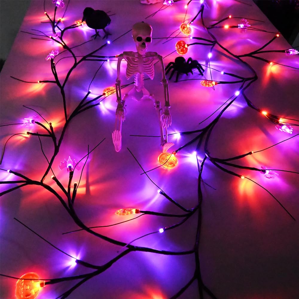 2026 Halloween Decor Lights 6.5 Ft 54 LED Willow Vine Twig with Timer Battery Operated Garland Light 18 LED Spiders and 36 Purple Lights Halloween Party Scary Decoration for Home Wall Fireplace