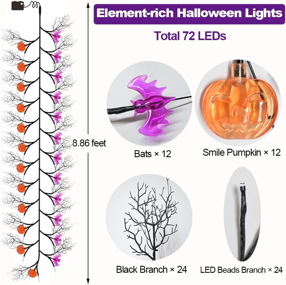 2026 Halloween Decor Lights 6.5 Ft 54 LED Willow Vine Twig with Timer Battery Operated Garland Light 18 LED Spiders and 36 Purple Lights Halloween Party Scary Decoration for Home Wall Fireplace