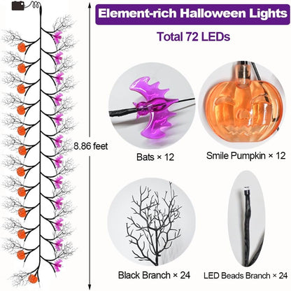 2026 Halloween Decor Lights 6.5 Ft 54 LED Willow Vine Twig with Timer Battery Operated Garland Light 18 LED Spiders and 36 Purple Lights Halloween Party Scary Decoration for Home Wall Fireplace