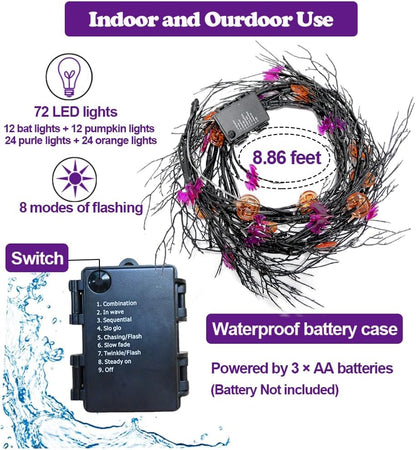 2026 Halloween Decor Lights 6.5 Ft 54 LED Willow Vine Twig with Timer Battery Operated Garland Light 18 LED Spiders and 36 Purple Lights Halloween Party Scary Decoration for Home Wall Fireplace