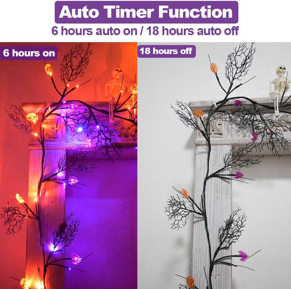 2026 Halloween Decor Lights 6.5 Ft 54 LED Willow Vine Twig with Timer Battery Operated Garland Light 18 LED Spiders and 36 Purple Lights Halloween Party Scary Decoration for Home Wall Fireplace