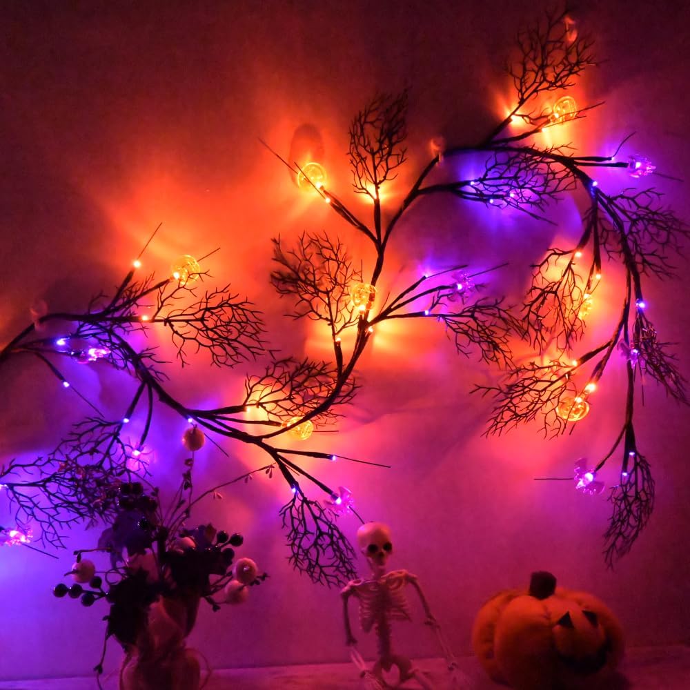 2026 Halloween Decor Lights 6.5 Ft 54 LED Willow Vine Twig with Timer Battery Operated Garland Light 18 LED Spiders and 36 Purple Lights Halloween Party Scary Decoration for Home Wall Fireplace