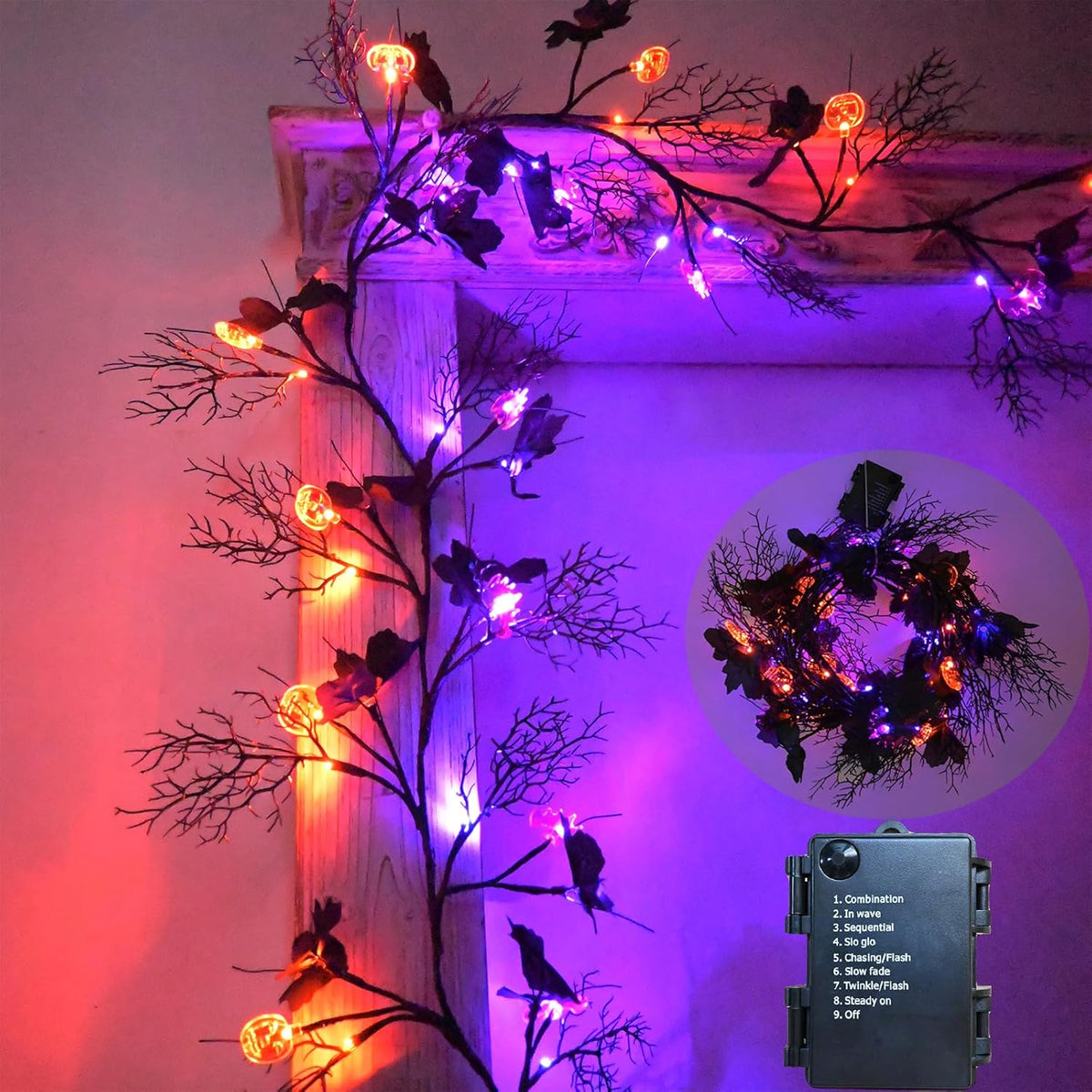 2026 Halloween Decor Lights 6.5 Ft 54 LED Willow Vine Twig with Timer Battery Operated Garland Light 18 LED Spiders and 36 Purple Lights Halloween Party Scary Decoration for Home Wall Fireplace