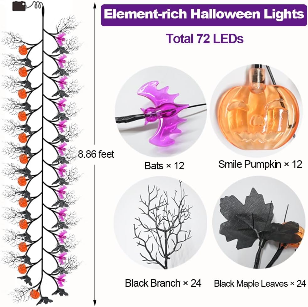 2026 Halloween Decor Lights 6.5 Ft 54 LED Willow Vine Twig with Timer Battery Operated Garland Light 18 LED Spiders and 36 Purple Lights Halloween Party Scary Decoration for Home Wall Fireplace