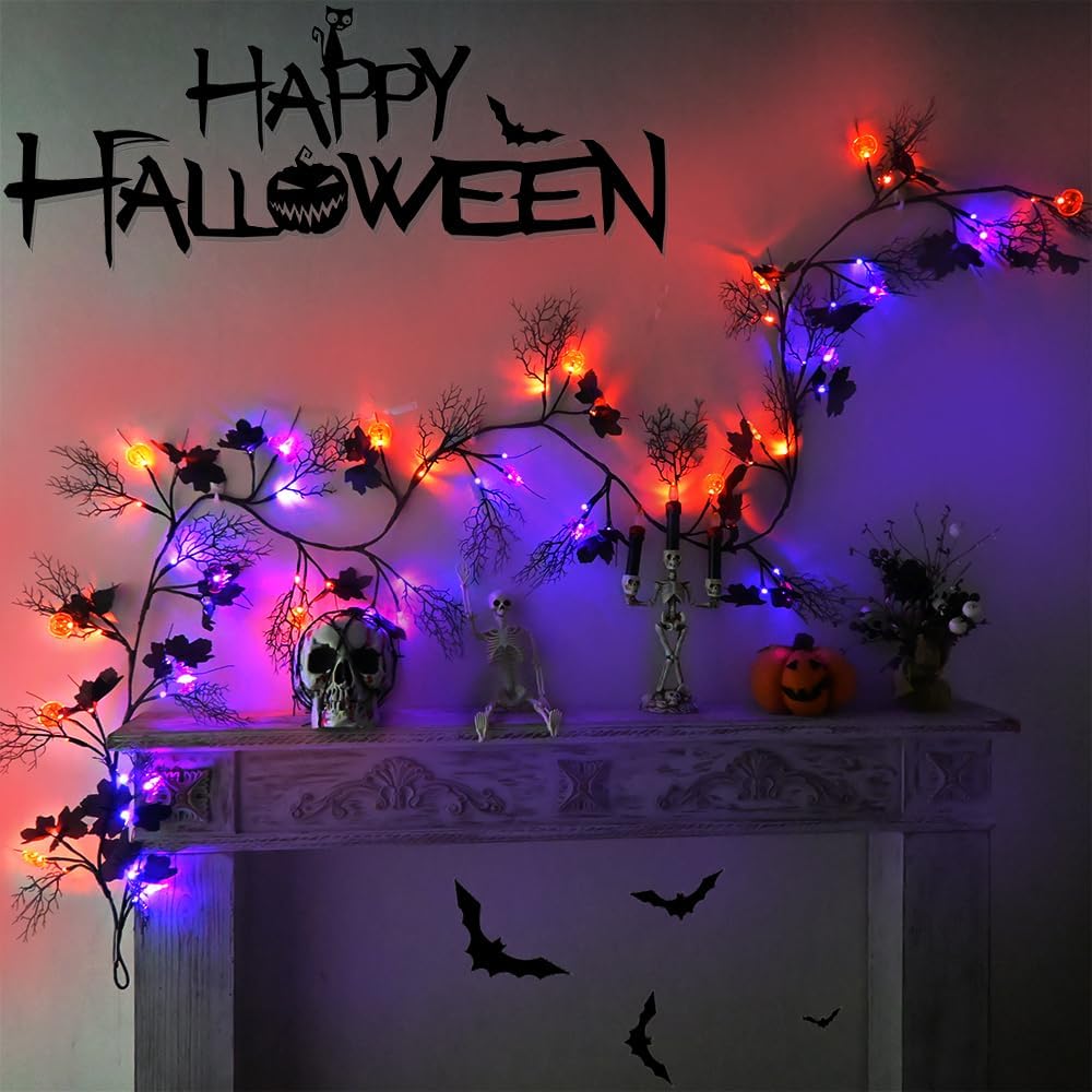 2026 Halloween Decor Lights 6.5 Ft 54 LED Willow Vine Twig with Timer Battery Operated Garland Light 18 LED Spiders and 36 Purple Lights Halloween Party Scary Decoration for Home Wall Fireplace