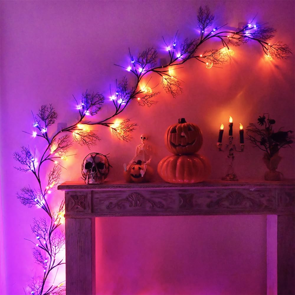 2026 Halloween Decor Lights 6.5 Ft 54 LED Willow Vine Twig with Timer Battery Operated Garland Light 18 LED Spiders and 36 Purple Lights Halloween Party Scary Decoration for Home Wall Fireplace