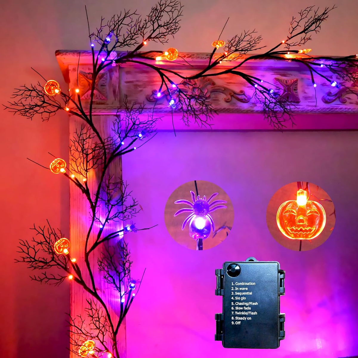 2026 Halloween Decor Lights 6.5 Ft 54 LED Willow Vine Twig with Timer Battery Operated Garland Light 18 LED Spiders and 36 Purple Lights Halloween Party Scary Decoration for Home Wall Fireplace