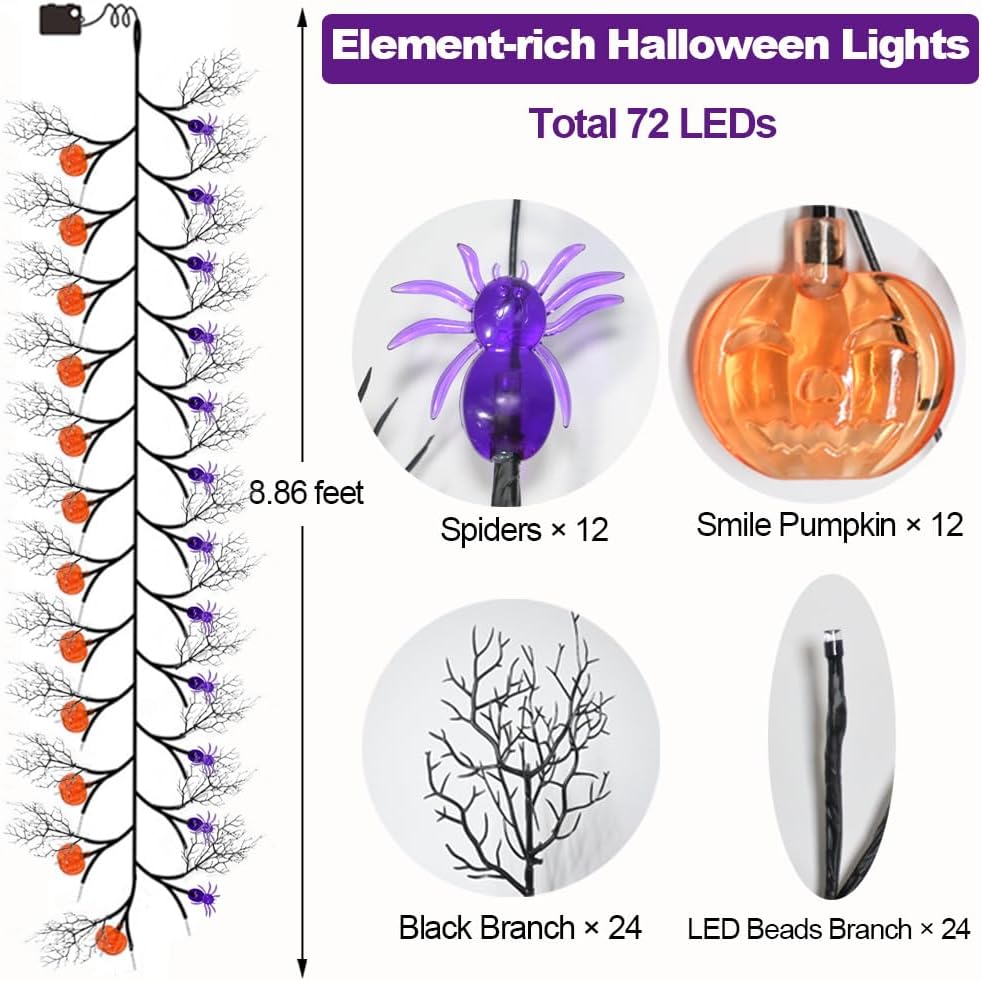 2026 Halloween Decor Lights 6.5 Ft 54 LED Willow Vine Twig with Timer Battery Operated Garland Light 18 LED Spiders and 36 Purple Lights Halloween Party Scary Decoration for Home Wall Fireplace