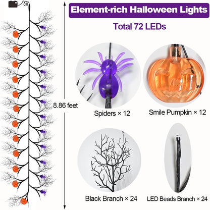 2026 Halloween Decor Lights 6.5 Ft 54 LED Willow Vine Twig with Timer Battery Operated Garland Light 18 LED Spiders and 36 Purple Lights Halloween Party Scary Decoration for Home Wall Fireplace