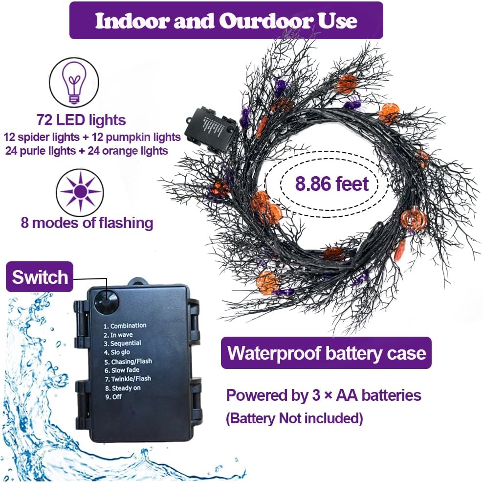 2026 Halloween Decor Lights 6.5 Ft 54 LED Willow Vine Twig with Timer Battery Operated Garland Light 18 LED Spiders and 36 Purple Lights Halloween Party Scary Decoration for Home Wall Fireplace