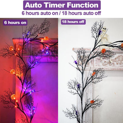 2026 Halloween Decor Lights 6.5 Ft 54 LED Willow Vine Twig with Timer Battery Operated Garland Light 18 LED Spiders and 36 Purple Lights Halloween Party Scary Decoration for Home Wall Fireplace