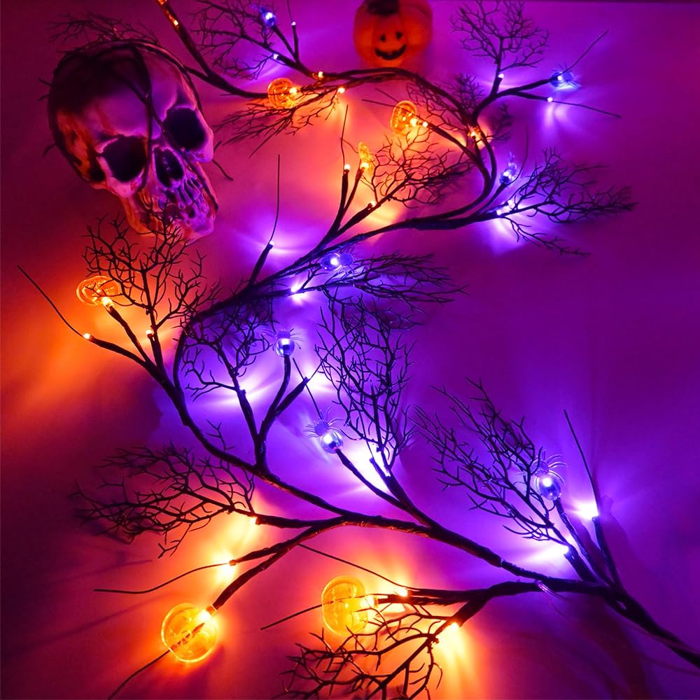 2026 Halloween Decor Lights 6.5 Ft 54 LED Willow Vine Twig with Timer Battery Operated Garland Light 18 LED Spiders and 36 Purple Lights Halloween Party Scary Decoration for Home Wall Fireplace