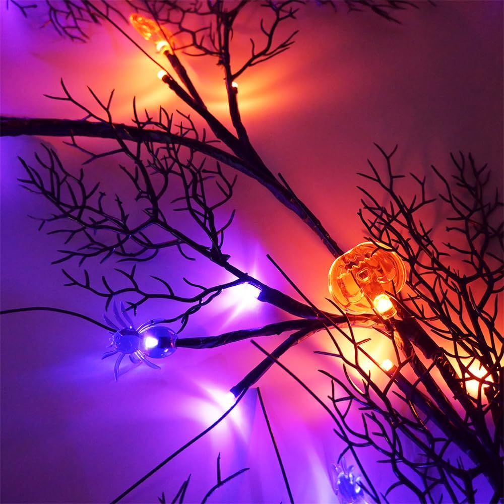 2026 Halloween Decor Lights 6.5 Ft 54 LED Willow Vine Twig with Timer Battery Operated Garland Light 18 LED Spiders and 36 Purple Lights Halloween Party Scary Decoration for Home Wall Fireplace