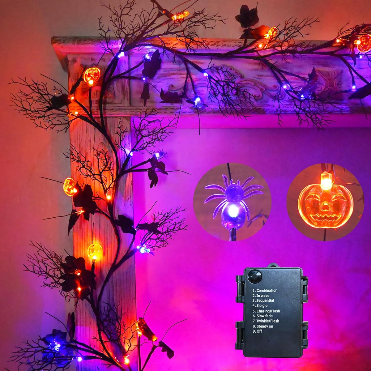 2026 Halloween Decor Lights 6.5 Ft 54 LED Willow Vine Twig with Timer Battery Operated Garland Light 18 LED Spiders and 36 Purple Lights Halloween Party Scary Decoration for Home Wall Fireplace