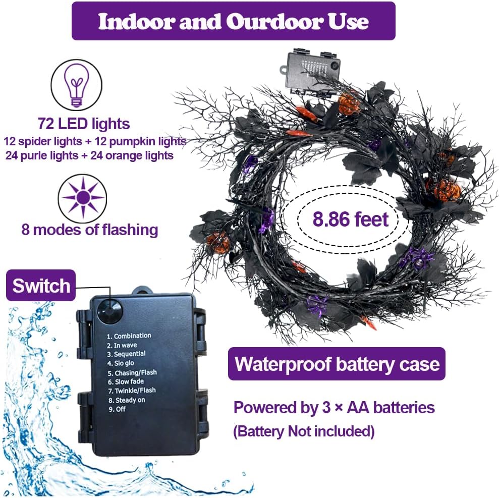 2026 Halloween Decor Lights 6.5 Ft 54 LED Willow Vine Twig with Timer Battery Operated Garland Light 18 LED Spiders and 36 Purple Lights Halloween Party Scary Decoration for Home Wall Fireplace