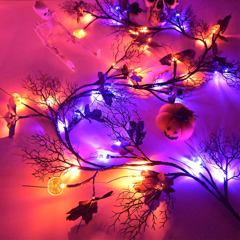 2026 Halloween Decor Lights 6.5 Ft 54 LED Willow Vine Twig with Timer Battery Operated Garland Light 18 LED Spiders and 36 Purple Lights Halloween Party Scary Decoration for Home Wall Fireplace