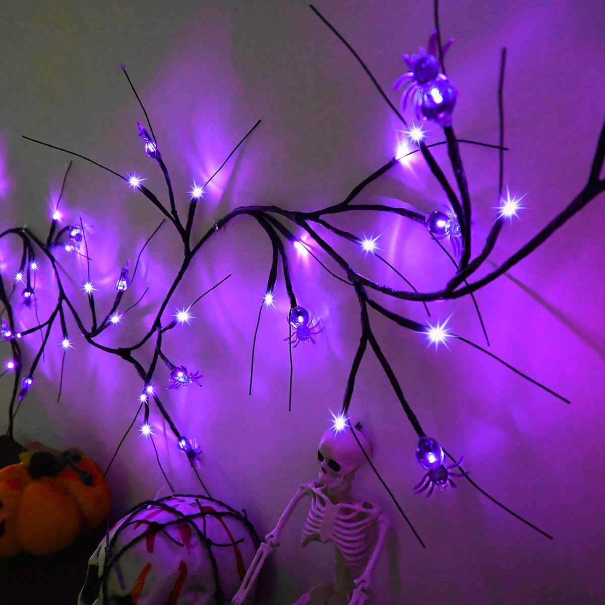 2026 Halloween Decor Lights 6.5 Ft 54 LED Willow Vine Twig with Timer Battery Operated Garland Light 18 LED Spiders and 36 Purple Lights Halloween Party Scary Decoration for Home Wall Fireplace