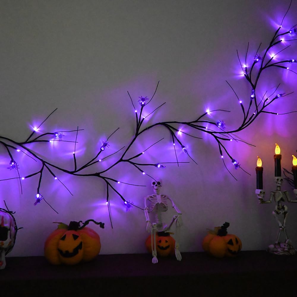 2026 Halloween Decor Lights 6.5 Ft 54 LED Willow Vine Twig with Timer Battery Operated Garland Light 18 LED Spiders and 36 Purple Lights Halloween Party Scary Decoration for Home Wall Fireplace