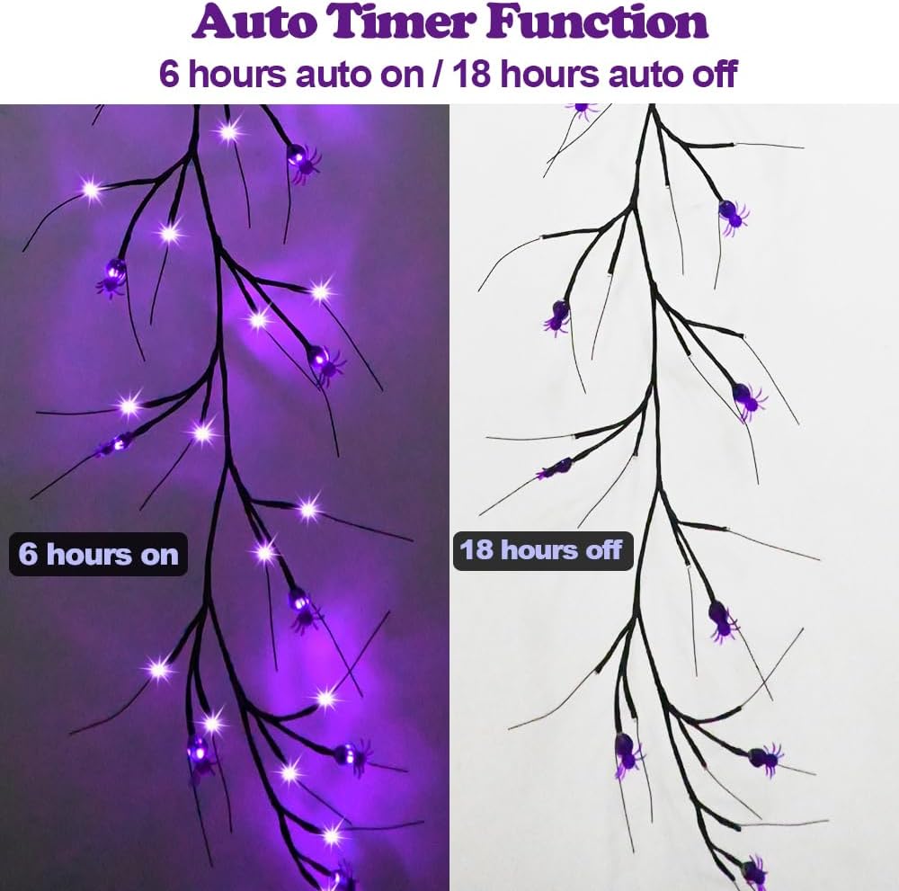 2026 Halloween Decor Lights 6.5 Ft 54 LED Willow Vine Twig with Timer Battery Operated Garland Light 18 LED Spiders and 36 Purple Lights Halloween Party Scary Decoration for Home Wall Fireplace