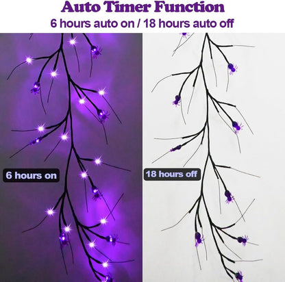 2026 Halloween Decor Lights 6.5 Ft 54 LED Willow Vine Twig with Timer Battery Operated Garland Light 18 LED Spiders and 36 Purple Lights Halloween Party Scary Decoration for Home Wall Fireplace