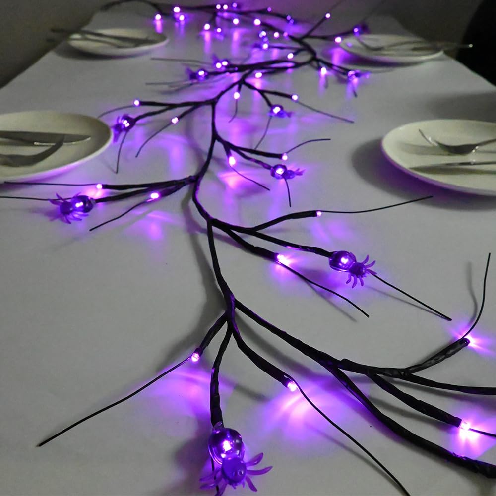 2026 Halloween Decor Lights 6.5 Ft 54 LED Willow Vine Twig with Timer Battery Operated Garland Light 18 LED Spiders and 36 Purple Lights Halloween Party Scary Decoration for Home Wall Fireplace
