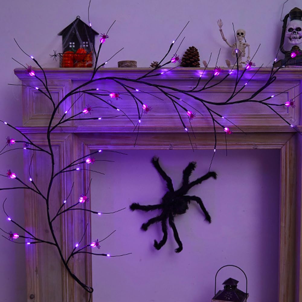2026 Halloween Decor Lights 6.5 Ft 54 LED Willow Vine Twig with Timer Battery Operated Garland Light 18 LED Spiders and 36 Purple Lights Halloween Party Scary Decoration for Home Wall Fireplace