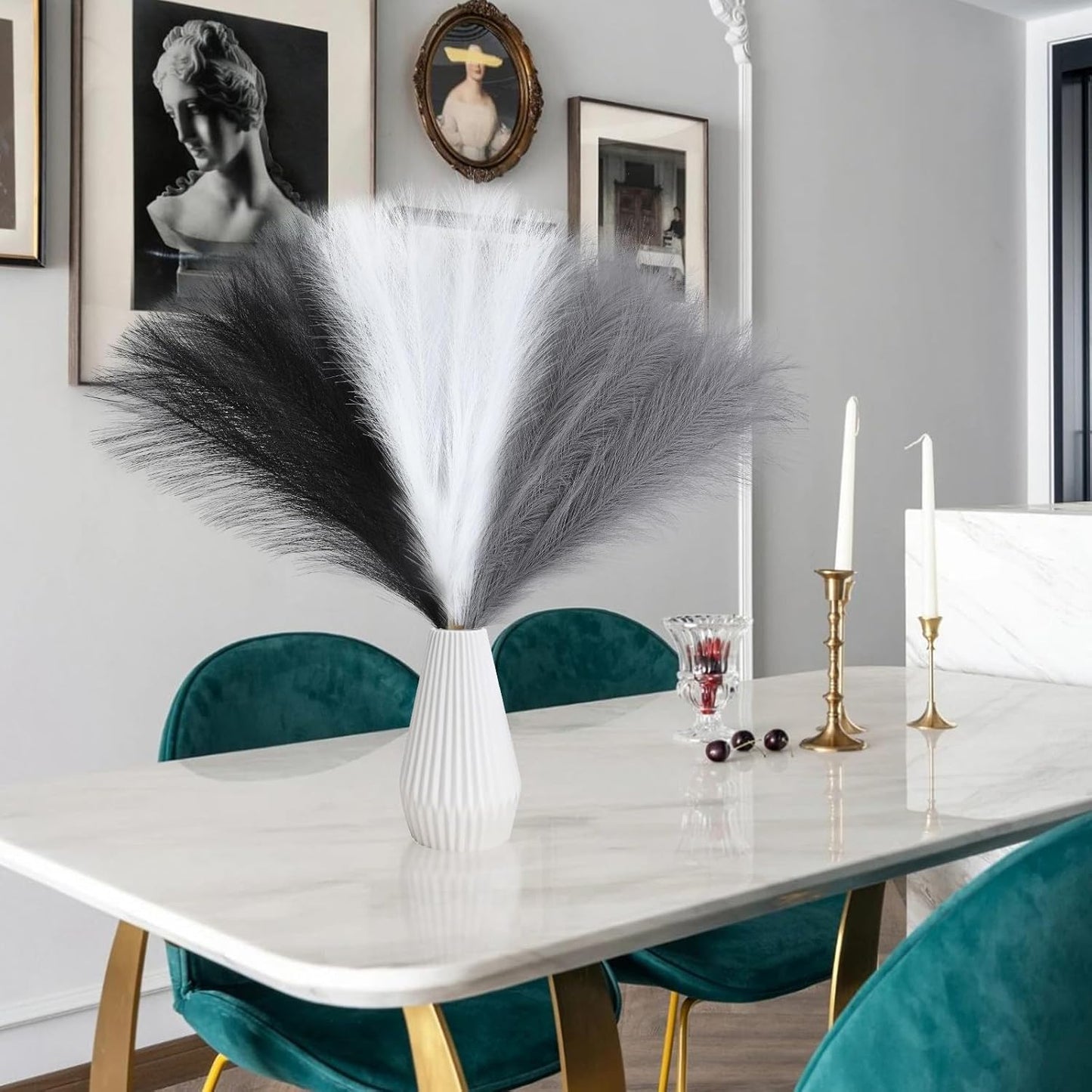 Faux Pampas Grass Decor 17.7 Inch 30pcs, Artificial Pompas Grass Bulk Artificial Dried Flower Small Vase Filler for Boho Home Wedding Decoration (Blue)