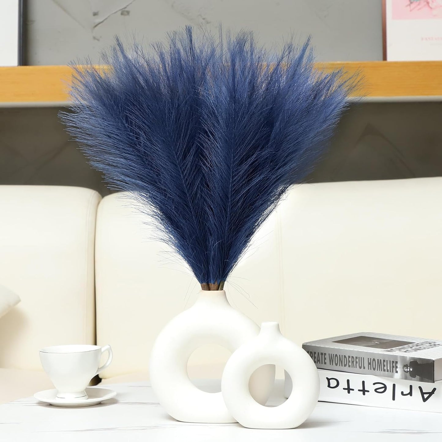 Faux Pampas Grass Decor 17.7 Inch 30pcs, Artificial Pompas Grass Bulk Artificial Dried Flower Small Vase Filler for Boho Home Wedding Decoration (Blue)