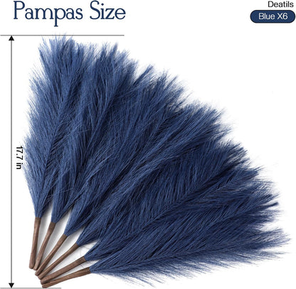 Faux Pampas Grass Decor 17.7 Inch 30pcs, Artificial Pompas Grass Bulk Artificial Dried Flower Small Vase Filler for Boho Home Wedding Decoration (Blue)