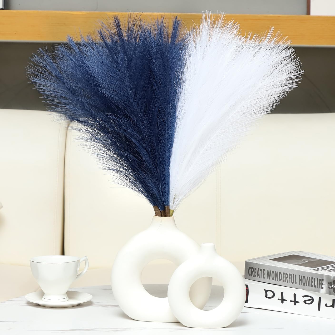 Faux Pampas Grass Decor 17.7 Inch 30pcs, Artificial Pompas Grass Bulk Artificial Dried Flower Small Vase Filler for Boho Home Wedding Decoration (Blue)