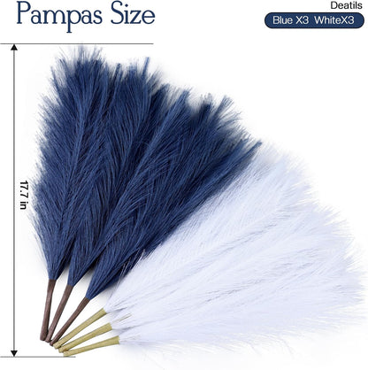 Faux Pampas Grass Decor 17.7 Inch 30pcs, Artificial Pompas Grass Bulk Artificial Dried Flower Small Vase Filler for Boho Home Wedding Decoration (Blue)