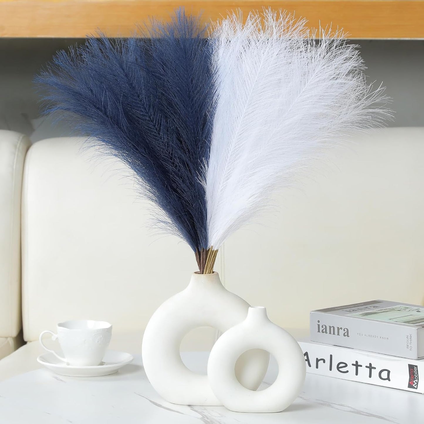 Faux Pampas Grass Decor 17.7 Inch 30pcs, Artificial Pompas Grass Bulk Artificial Dried Flower Small Vase Filler for Boho Home Wedding Decoration (Blue)