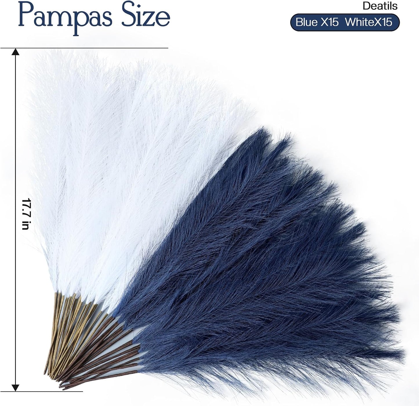 Faux Pampas Grass Decor 17.7 Inch 30pcs, Artificial Pompas Grass Bulk Artificial Dried Flower Small Vase Filler for Boho Home Wedding Decoration (Blue)