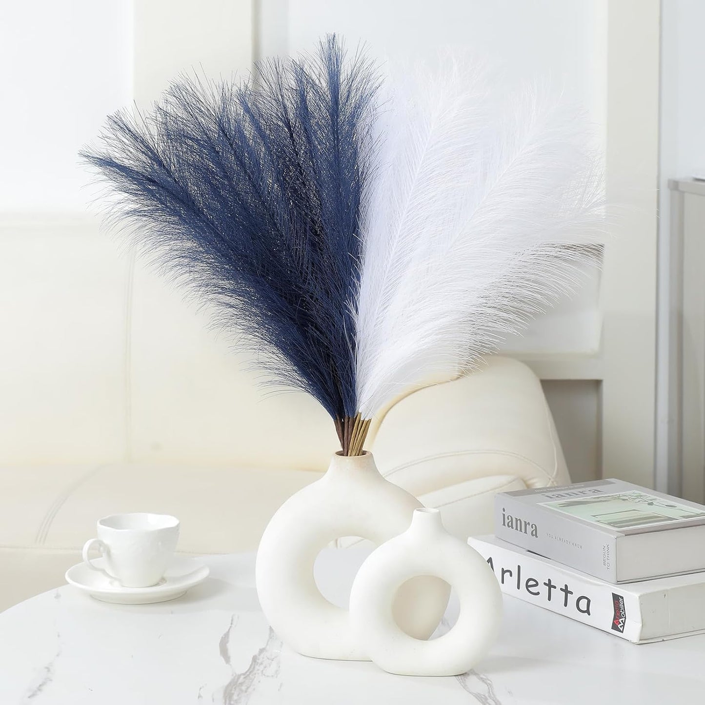Faux Pampas Grass Decor 17.7 Inch 30pcs, Artificial Pompas Grass Bulk Artificial Dried Flower Small Vase Filler for Boho Home Wedding Decoration (Blue)