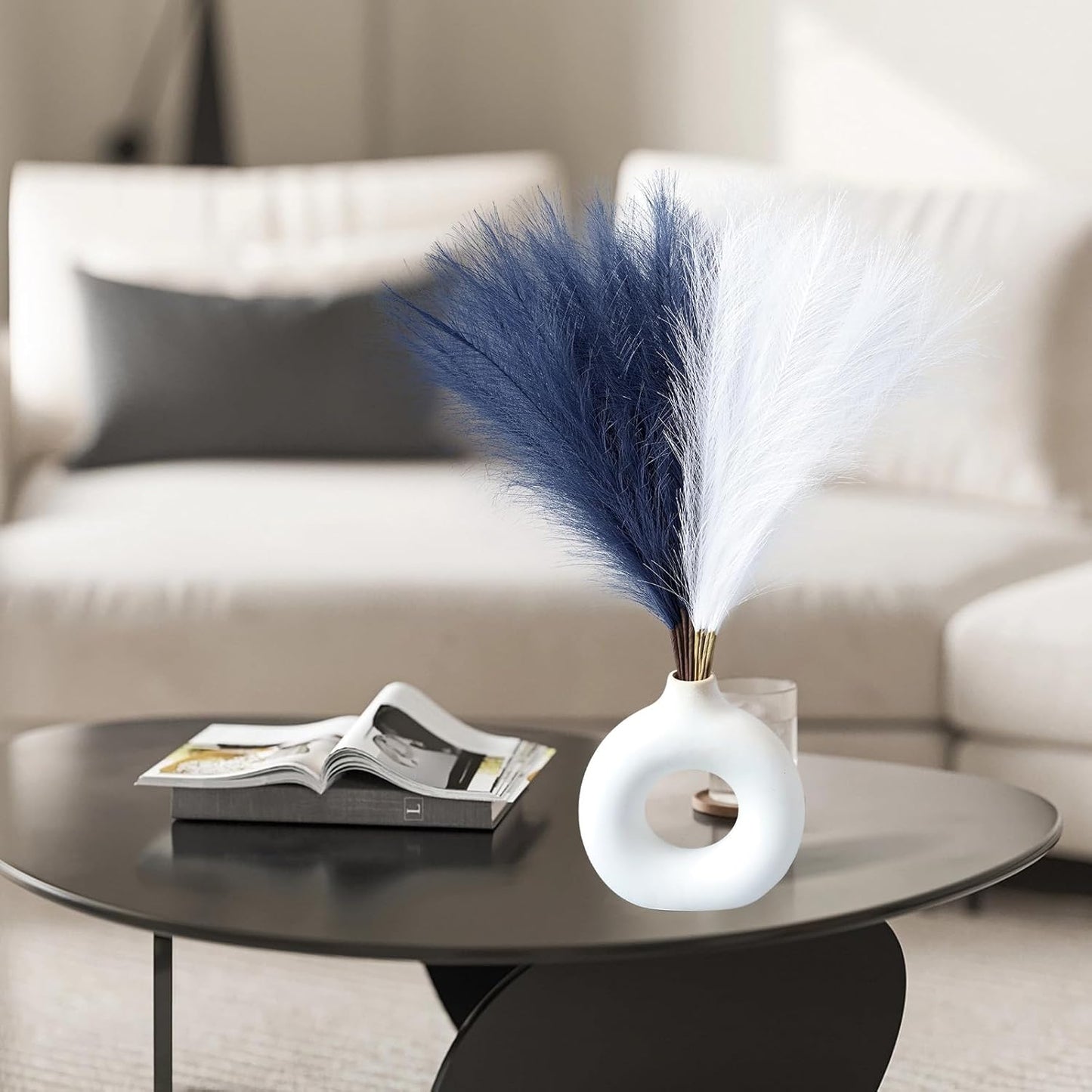 Faux Pampas Grass Decor 17.7 Inch 30pcs, Artificial Pompas Grass Bulk Artificial Dried Flower Small Vase Filler for Boho Home Wedding Decoration (Blue)