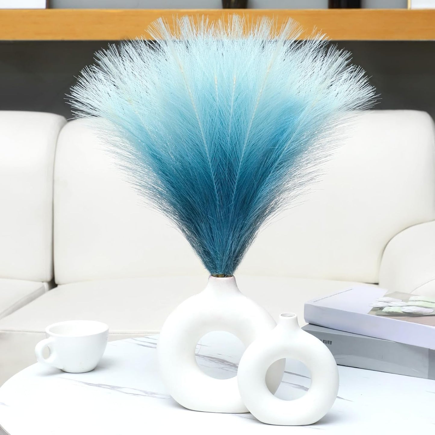 Faux Pampas Grass Decor 17.7 Inch 30pcs, Artificial Pompas Grass Bulk Artificial Dried Flower Small Vase Filler for Boho Home Wedding Decoration (Blue)