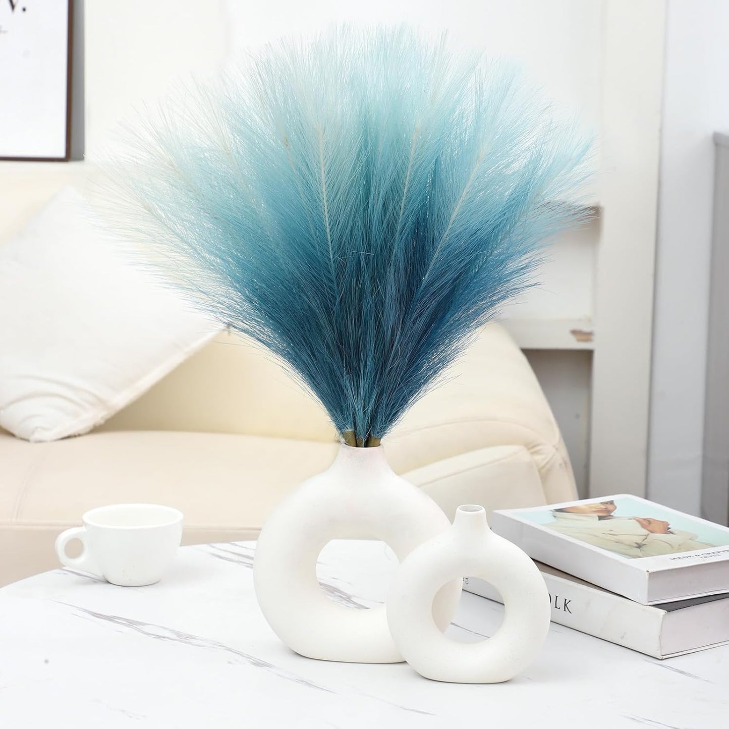 Faux Pampas Grass Decor 17.7 Inch 30pcs, Artificial Pompas Grass Bulk Artificial Dried Flower Small Vase Filler for Boho Home Wedding Decoration (Blue)
