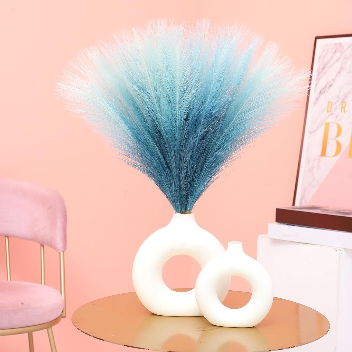 Faux Pampas Grass Decor 17.7 Inch 30pcs, Artificial Pompas Grass Bulk Artificial Dried Flower Small Vase Filler for Boho Home Wedding Decoration (Blue)