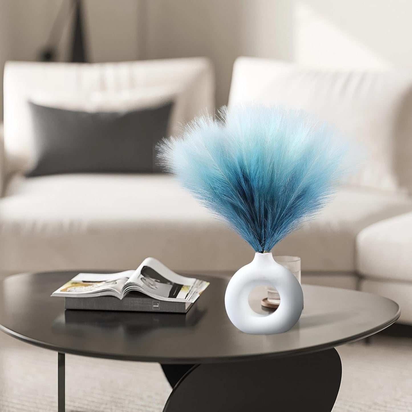 Faux Pampas Grass Decor 17.7 Inch 30pcs, Artificial Pompas Grass Bulk Artificial Dried Flower Small Vase Filler for Boho Home Wedding Decoration (Blue)