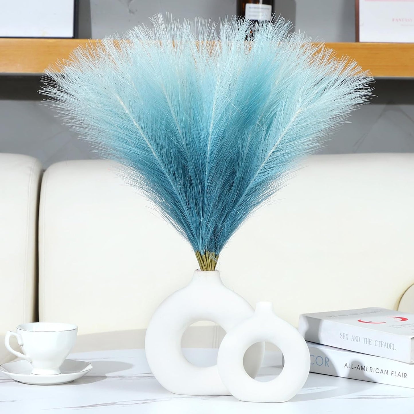 Faux Pampas Grass Decor 17.7 Inch 30pcs, Artificial Pompas Grass Bulk Artificial Dried Flower Small Vase Filler for Boho Home Wedding Decoration (Blue)