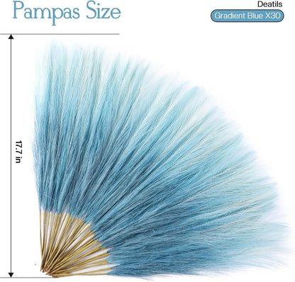 Faux Pampas Grass Decor 17.7 Inch 30pcs, Artificial Pompas Grass Bulk Artificial Dried Flower Small Vase Filler for Boho Home Wedding Decoration (Blue)