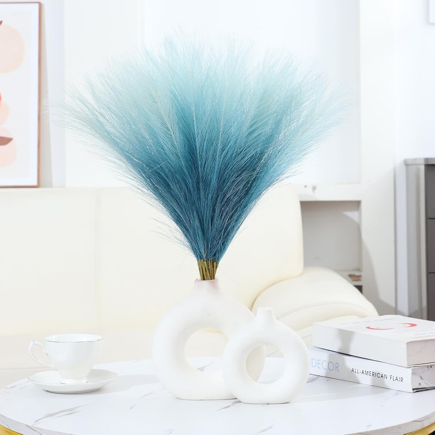 Faux Pampas Grass Decor 17.7 Inch 30pcs, Artificial Pompas Grass Bulk Artificial Dried Flower Small Vase Filler for Boho Home Wedding Decoration (Blue)