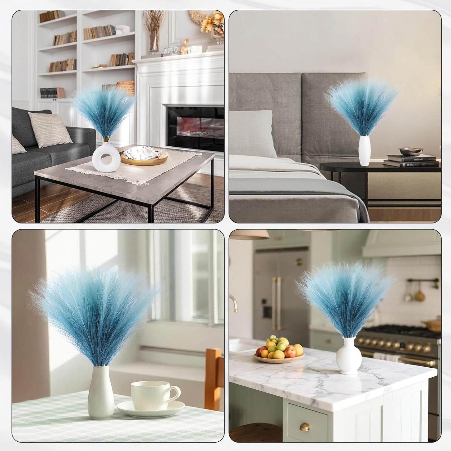 Faux Pampas Grass Decor 17.7 Inch 30pcs, Artificial Pompas Grass Bulk Artificial Dried Flower Small Vase Filler for Boho Home Wedding Decoration (Blue)