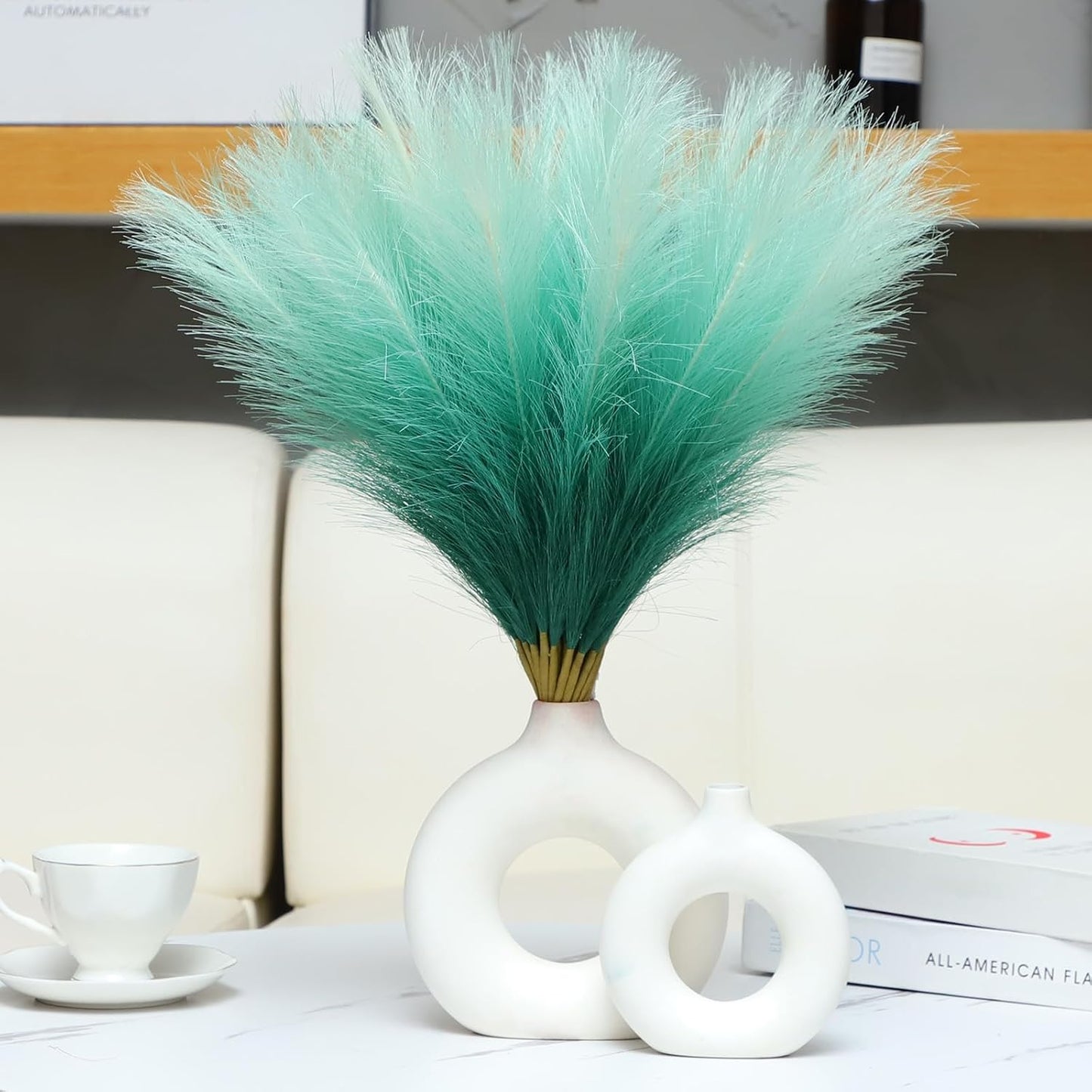 Faux Pampas Grass Decor 17.7 Inch 30pcs, Artificial Pompas Grass Bulk Artificial Dried Flower Small Vase Filler for Boho Home Wedding Decoration (Blue)