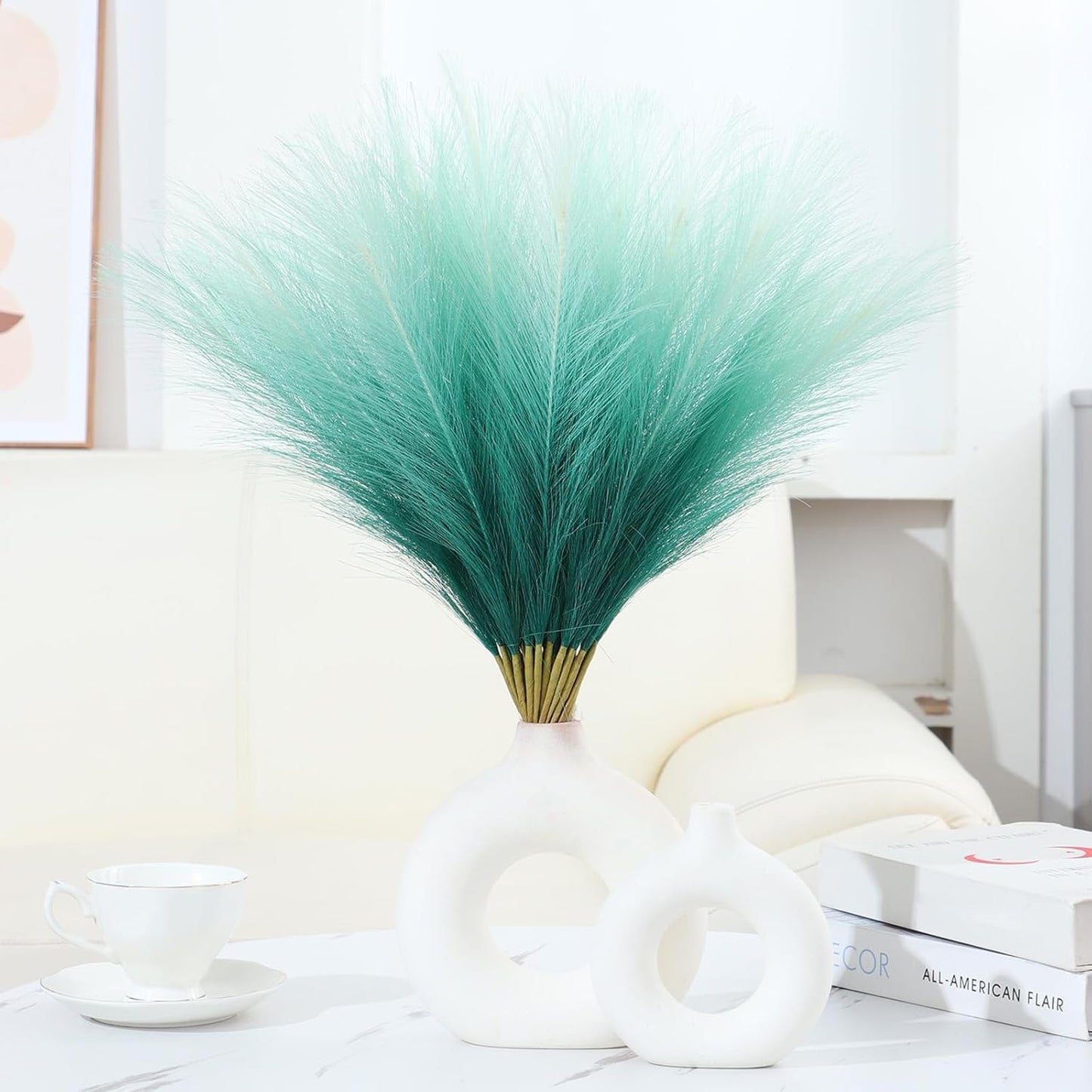 Faux Pampas Grass Decor 17.7 Inch 30pcs, Artificial Pompas Grass Bulk Artificial Dried Flower Small Vase Filler for Boho Home Wedding Decoration (Blue)