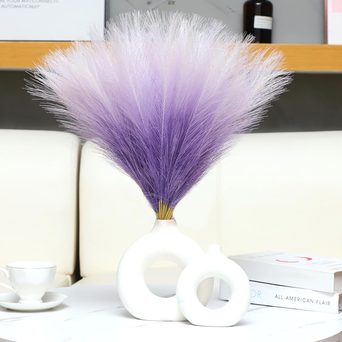 Faux Pampas Grass Decor 17.7 Inch 30pcs, Artificial Pompas Grass Bulk Artificial Dried Flower Small Vase Filler for Boho Home Wedding Decoration (Blue)