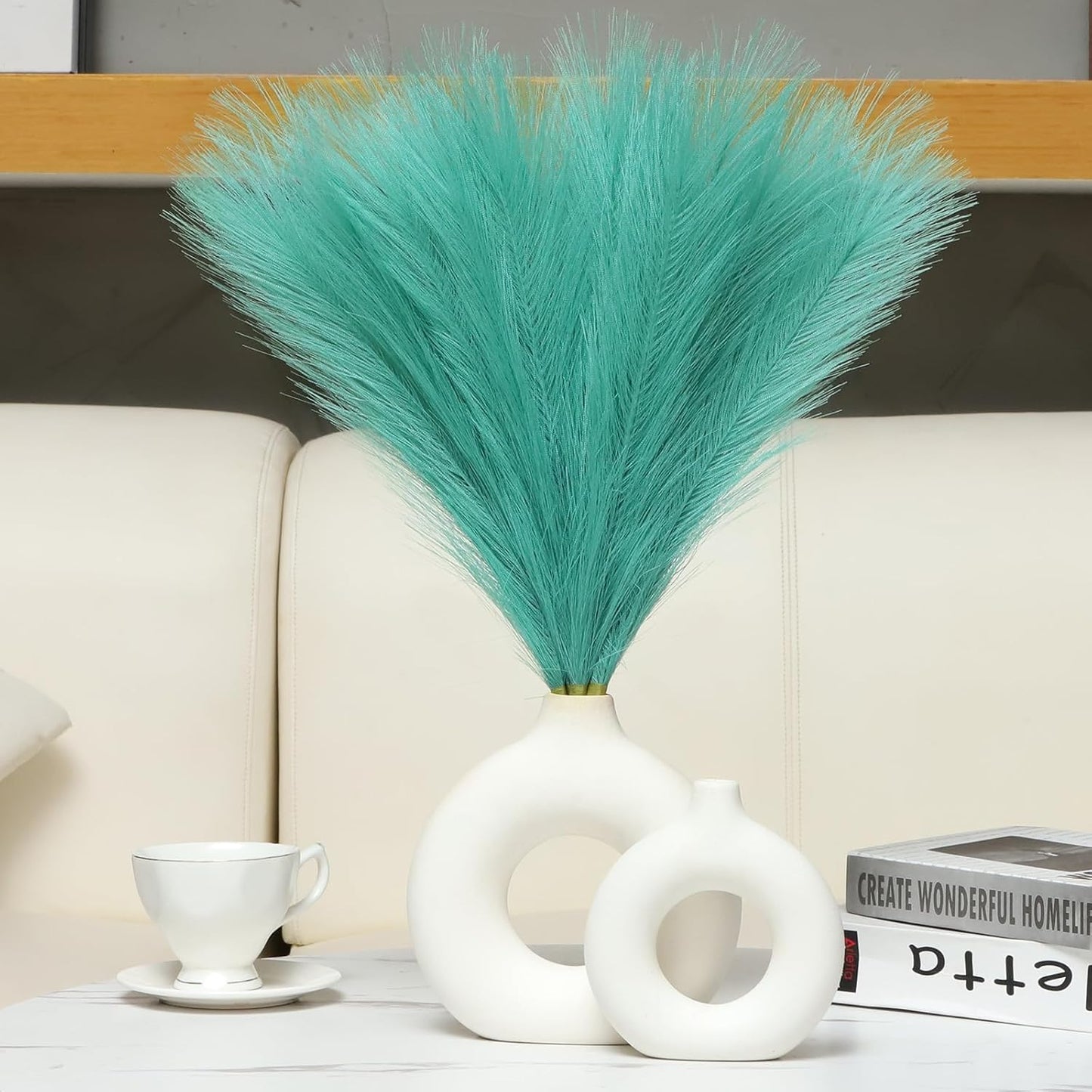 Faux Pampas Grass Decor 17.7 Inch 30pcs, Artificial Pompas Grass Bulk Artificial Dried Flower Small Vase Filler for Boho Home Wedding Decoration (Blue)