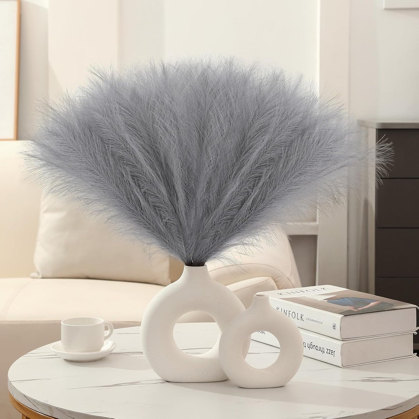 Faux Pampas Grass Decor 17.7 Inch 30pcs, Artificial Pompas Grass Bulk Artificial Dried Flower Small Vase Filler for Boho Home Wedding Decoration (Blue)