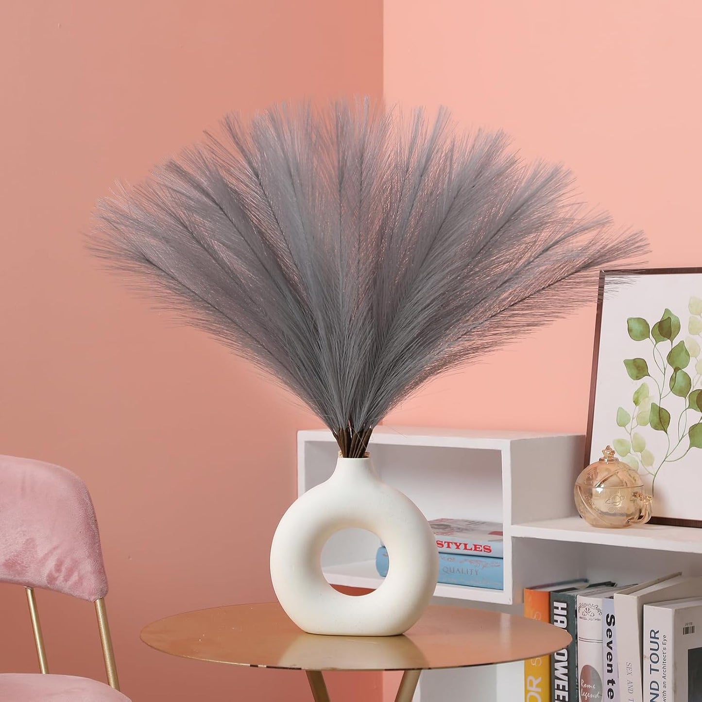 Faux Pampas Grass Decor 17.7 Inch 30pcs, Artificial Pompas Grass Bulk Artificial Dried Flower Small Vase Filler for Boho Home Wedding Decoration (Blue)