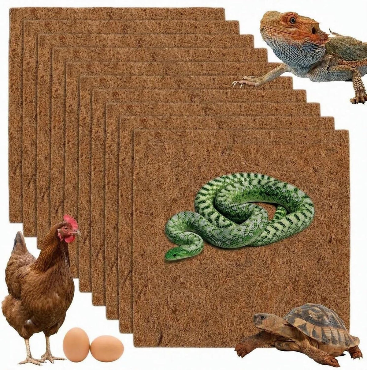 10Pcs Reptile Carpet Mat Chicken Coop Floor Liner Nesting Mat Natural Coconut Fiber Pet Mat Substrate Liner Terrarium Planter Liner for Lizard Turtle Snake Gecko Bearded Dragon Tortoise 12*12"